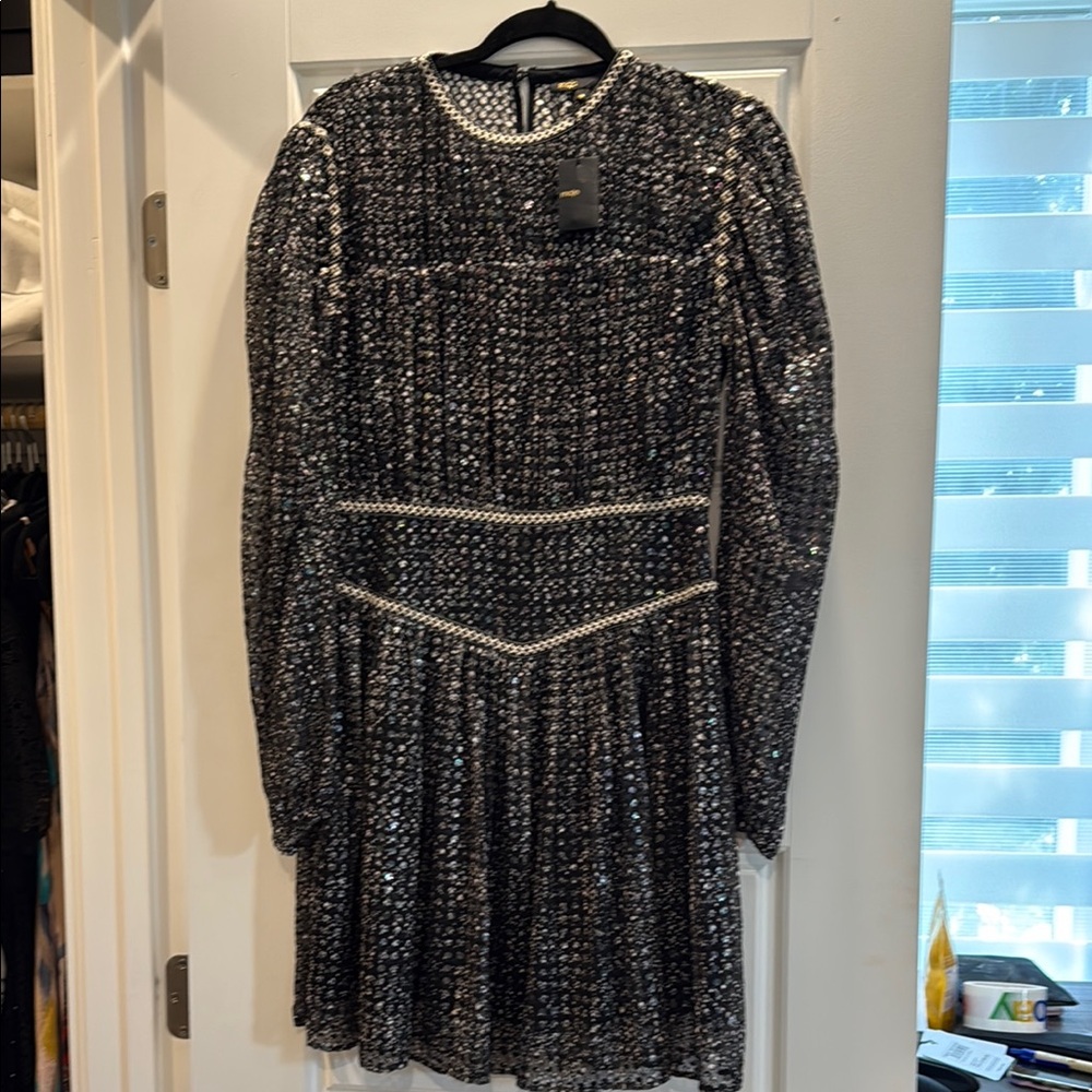 Black and Silver Sequin A-line Dress with Bishop Sleeves